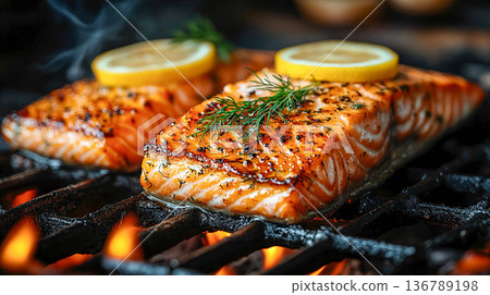 Close-up of a salmon steak grilled over a fire, topped with lemon slices, fresh dill, and ground pepper. The concept of healthy eating, restaurant cuisine, barbecue, and seafood. Close-up of a salmon steak grilled over a fire, topped with lemon slices, fresh dill, and ground pepper. The concept of healthy eating, restaurant cuisine, barbecue, and seafood. 136789198