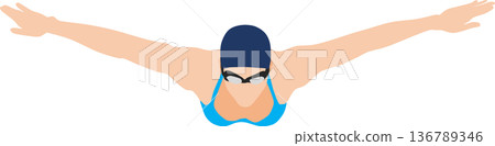 描繪一位女性正在進行蝶泳的插圖 136789346