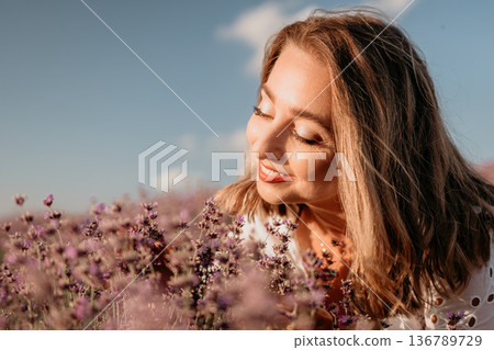 Woman lavender summer field portrait of a young woman enjoying the fragrance of purple flowers in a meadow at sunset Woman lavender summer field portrait of a young woman enjoying the fragrance of purple flowers in a meadow at sunset 136789729