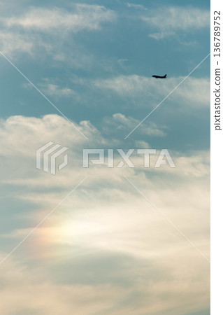 A passenger plane flying against the backdrop of a clear blue sky and soft light A passenger plane flying against the backdrop of a clear blue sky and soft light 136789752