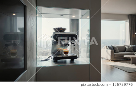 Espresso machine luxury modern high-rise living room featuring an integrated automated coffee station with panoramic views and copy space Espresso machine luxury modern high-rise living room featuring an integrated automated coffee station with panoramic views and copy space 136789776