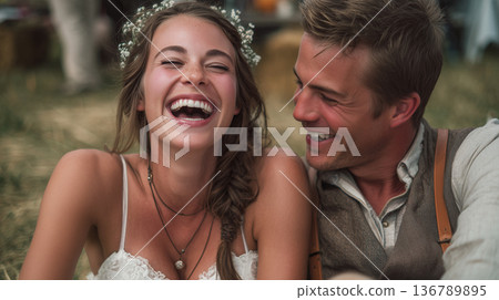 Joyful rustic wedding couple laughing together during outdoor celebration 136789895