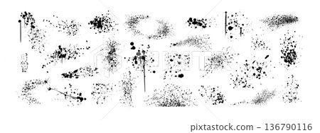 Spray paint drips, black ink blots, graffiti splatters or speckles with dusty grunge effect 136790116
