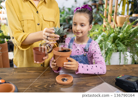 A young girl learns about gardening as she helps her mother plant a succulent in a pot A young girl learns about gardening as she helps her mother plant a succulent in a pot 136790164