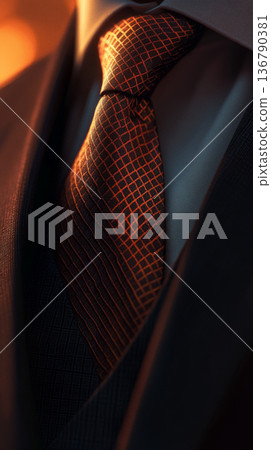 Close-up of a Black Silk Tie with Red Pattern in Warm Lighting 136790381