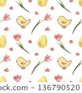 Watercolor Easter seamless pattern. Hand-drawn spring botanical illustration with yellow eggs, pink tulips, cute birds, sweets. Floral background for wallpaper, textile, wrapping paper, cards 136790520