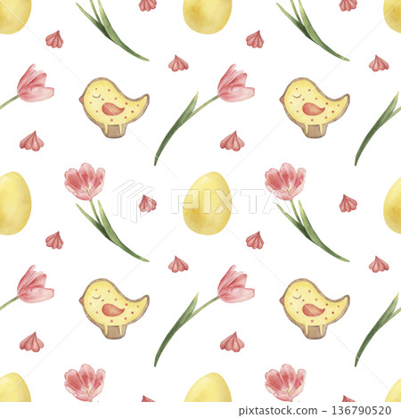 Watercolor Easter seamless pattern. Hand-drawn spring botanical illustration with yellow eggs, pink tulips, cute birds, sweets. Floral background for wallpaper, textile, wrapping paper, cards 136790520