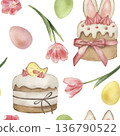 Watercolor Easter cake seamless pattern. Hand-drawn botanical spring illustration with bunny ears, kulich, tulips, eggs. Floral background for holiday textile, wallpaper, wrapping paper, decor, cards 136790522