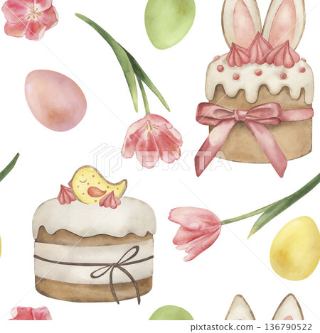 Watercolor Easter cake seamless pattern. Hand-drawn botanical spring illustration with bunny ears, kulich, tulips, eggs. Floral background for holiday textile, wallpaper, wrapping paper, decor, cards Watercolor Easter cake seamless pattern. Hand-drawn botanical spring illustration with bunny ears, kulich, tulips, eggs. Floral background for holiday textile, wallpaper, wrapping paper, decor, cards 136790522