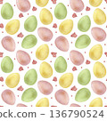 Watercolor Easter eggs seamless pattern. Hand-drawn botanical spring illustration with pastel yellow, pink, green eggs and sweets. Background for holiday textile, wrapping paper, decor, cards 136790524