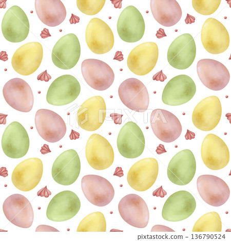Watercolor Easter eggs seamless pattern. Hand-drawn botanical spring illustration with pastel yellow, pink, green eggs and sweets. Background for holiday textile, wrapping paper, decor, cards Watercolor Easter eggs seamless pattern. Hand-drawn botanical spring illustration with pastel yellow, pink, green eggs and sweets. Background for holiday textile, wrapping paper, decor, cards 136790524