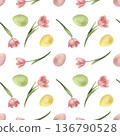 Watercolor Easter seamless pattern. Hand-drawn botanical spring illustration with pink tulips and colorful eggs. Floral background for holiday textile, wallpaper, wrapping paper, decor, greeting cards 136790528