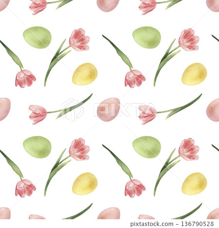 Watercolor Easter seamless pattern. Hand-drawn botanical spring illustration with pink tulips and colorful eggs. Floral background for holiday textile, wallpaper, wrapping paper, decor, greeting cards 136790528