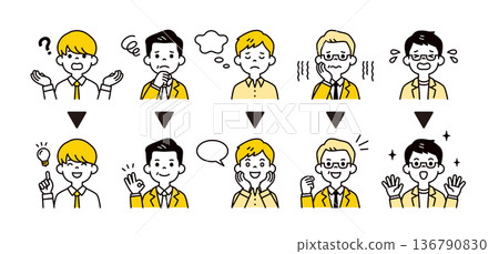 Vector illustration icon material set of multiple businessmen's troubled and resolved expressions and poses 136790830