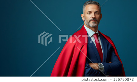 Confident Executive in Red Cape Staring into Distance 136790878