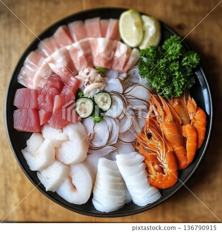 Fresh Raw Seafood Platter with Assorted Cuts 136790915