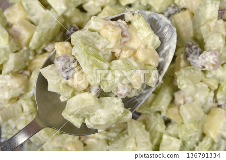 Spoonful of Waldorf Salad Close Up Spoonful of Waldorf Salad Close Up 136791334