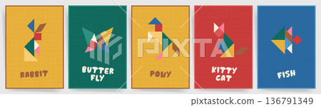 Colorful Tangram Animal Nursery Poster Set. Tangram Backgrounds with rabbit butterfly pony cat and fish, geometric kids wall art prints, modern educational puzzle decor vector Colorful Tangram Animal Nursery Poster Set. Tangram Backgrounds with rabbit butterfly pony cat and fish, geometric kids wall art prints, modern educational puzzle decor vector 136791349