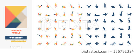 Tangram Puzzle Worksheet, Printable Kids Learning Pack with 36 Puzzles and Solutions, Colorful Geometric Shapes Vector Template for Classroom and Home Activities Tangram Puzzle Worksheet, Printable Kids Learning Pack with 36 Puzzles and Solutions, Colorful Geometric Shapes Vector Template for Classroom and Home Activities 136791354