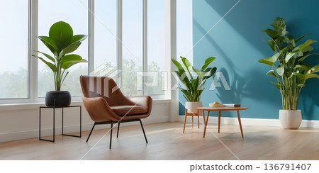 Contemporary Interior with Blue Accent Wall and Leather Chair 136791407