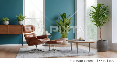 Contemporary Interior with Blue Accent Wall and Leather Chair Contemporary Interior with Blue Accent Wall and Leather Chair 136791409