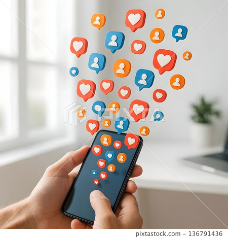 Smartphone with Exploding Social Media Icons in Bright Workspace Smartphone with Exploding Social Media Icons in Bright Workspace 136791436