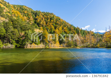 Kamikochi, one of Japan's leading mountain resorts, with its autumn foliage and Myojin Pond Kamikochi, one of Japan's leading mountain resorts, with its autumn foliage and Myojin Pond 136791842