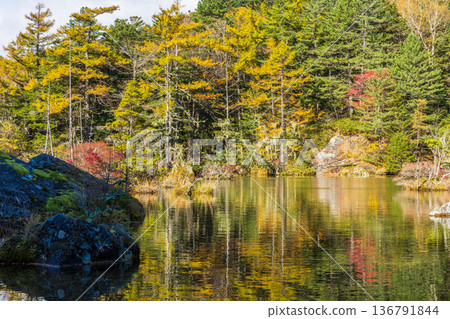 Kamikochi, one of Japan's leading mountain resorts, with its autumn foliage and Myojin Pond Kamikochi, one of Japan's leading mountain resorts, with its autumn foliage and Myojin Pond 136791844