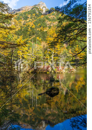 Kamikochi, one of Japan's leading mountain resorts, with its autumn foliage and Myojin Pond 136791854