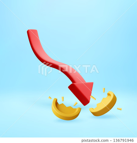 3D Red downward arrow breaking golden coin. 3D Red downward arrow breaking golden coin. 136791946