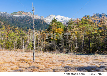 Autumn in Kamikochi, one of Japan's leading mountain resorts. Tashiro Marsh and the Hotaka mountain range in the early morning. Autumn in Kamikochi, one of Japan's leading mountain resorts. Tashiro Marsh and the Hotaka mountain range in the early morning. 136792075