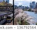 櫻花盛開和火車行駛的風景 136792564