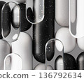 Liquid glass rounded lines 3D background. Abstract vertical stripe pattern with blurry transparent plates overlay, round and rectangle shapes in black gray colors, white dot texture. 3D illustration Liquid glass rounded lines 3D background. Abstract vertical stripe pattern with blurry transparent plates overlay, round and rectangle shapes in black gray colors, white dot texture. 3D illustration 136792634