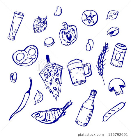 Hand-drawn beer set in a Mediterranean style. Hand-drawn beer set in a Mediterranean style. 136792691