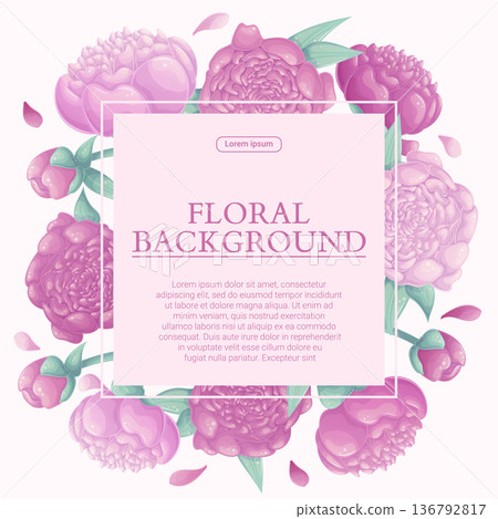 Colorful background with beautiful delicate peonies. Wedding concept, March 8th, mother's day, birthday. Vector illustration for the design of posters, flyers, postcards, invitations Colorful background with beautiful delicate peonies. Wedding concept, March 8th, mother's day, birthday. Vector illustration for the design of posters, flyers, postcards, invitations 136792817