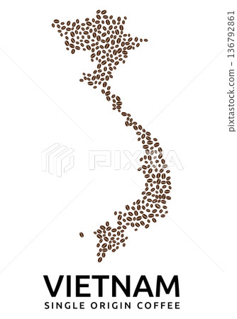 Shape of Vietnam map made of scattered coffee beans, country name below Shape of Vietnam map made of scattered coffee beans, country name below 136792861