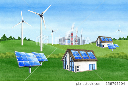 Environment preservation banner with copy space. Solar panel, wind turbine, house on green field against backdrop of industrial city landscape, smoke stack. Illustration of Alternative electricity Environment preservation banner with copy space. Solar panel, wind turbine, house on green field against backdrop of industrial city landscape, smoke stack. Illustration of Alternative electricity 136793204