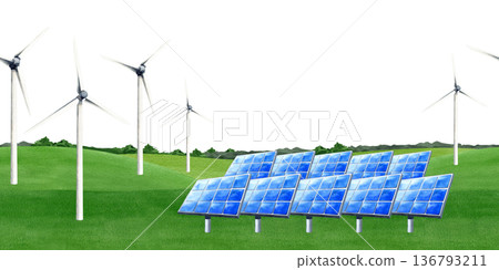 Solar PV panels station, wind turbines wind farm seamless border. Isolated watercolor banner with copy space. Renewable alternative electricity, future power sources. Eco friendly template 136793211