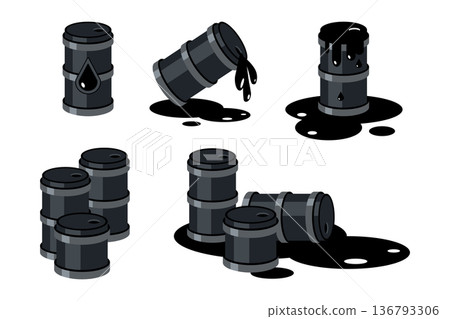 Set of oil barrel icons featuring crude oil spill, leaking petroleum drums, and stacked fuel containers Set of oil barrel icons featuring crude oil spill, leaking petroleum drums, and stacked fuel containers 136793306
