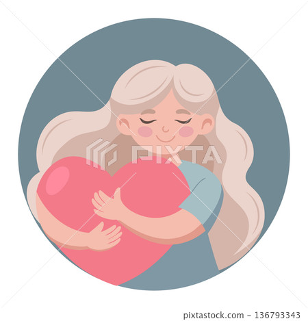 Woman holds a large red heart. Girl hugs a red heart, symbol of love and self care. Illustration 136793343