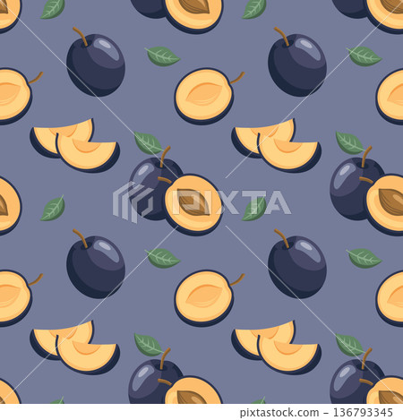 Plum pattern with fresh fruits and leaves. Seamless background with plums. Plum pattern with fresh fruits and leaves. Seamless background with plums. 136793345