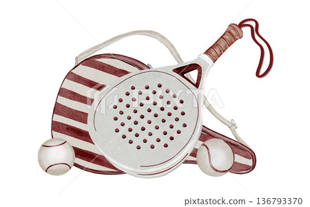 Paddle tennis racket,ball and bag watercolor illustration. Clip art of sports equipment. Ideal for brochures, banners, and booklets for squash or badminton. 136793370