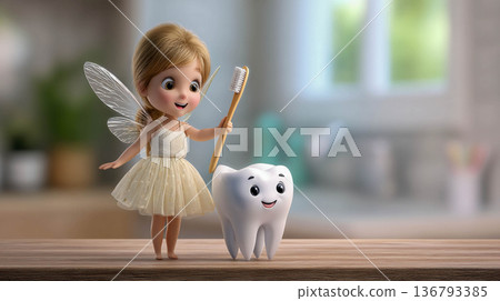 The tooth fairy holds a toothbrush and smiles next to a large smiling cartoon tooth on a wooden surface in a blurred bathroom interior. Concept of children's dentistry, dental care, and oral hygiene. 136793385