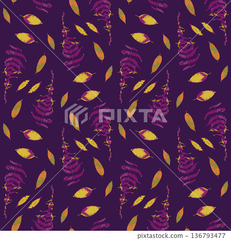 Seamless pattern with dried yellow fern leaves on deep purple background. Wild forest plant wallpaper. Boho botanical texture Seamless pattern with dried yellow fern leaves on deep purple background. Wild forest plant wallpaper. Boho botanical texture 136793477