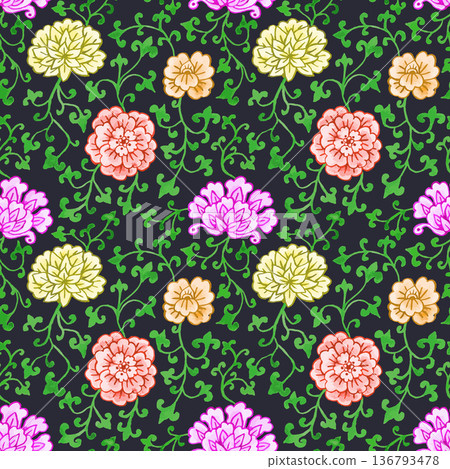 Watercolor style chinoiserie seamless pattern on black background Watercolor style chinoiserie seamless pattern on black background 136793478