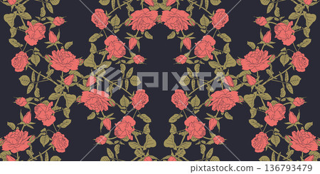 Vintage bohemian seamless pattern with hand drawn pink rose flowers on dark blue background Vintage bohemian seamless pattern with hand drawn pink rose flowers on dark blue background 136793479