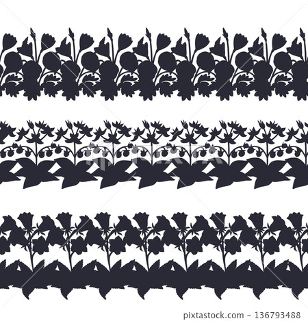 Set of stripe patterns with black silhouttes canary islands flowers. Floral horizontal seamless borders bundle with hand drawn millefleur Set of stripe patterns with black silhouttes canary islands flowers. Floral horizontal seamless borders bundle with hand drawn millefleur 136793488