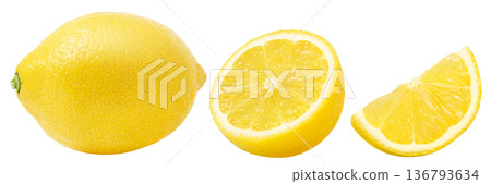 Lemons isolated collection. Half of lemon fruit, whole lemon and cut in slice isolated. 136793634