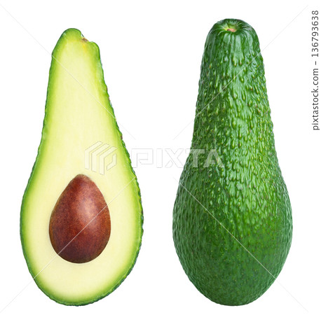 Whole avocado and half of avocado with seed collection. Fresh avocados with pit isolated. 136793638