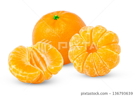 Ripe mandarine fruits with cut in a half and a slice. Fresh clementine fruit with peeled slices on white background. Ripe mandarine fruits with cut in a half and a slice. Fresh clementine fruit with peeled slices on white background. 136793639